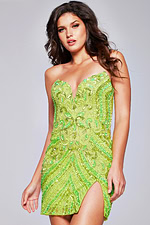Model wearing Jovani 40003 green sequin-embellished cocktail dress, front view.