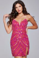 Model wearing Jovani 40003 lilac dress with sweetheart neckline and high slit.