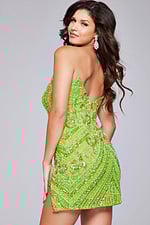 Jovani 40003 green sequin short dress back view on model.