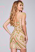 Model in back view of Jovani 40003 gold sequin short dress.