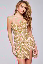 Model wearing Jovani 40003 gold sequin short dress with sweetheart neckline.