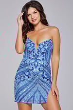 Model wearing Jovani 40003 blue sequin short dress with sweetheart neckline.