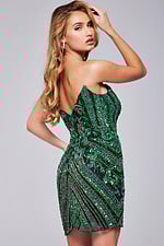 Model displaying back of Jovani 40003 green sequin short dress.