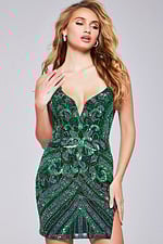 Jovani 40003 gold sequin short dress modeled from the back.