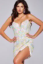 Model showing back of Jovani 40003 green sequin short dress.
