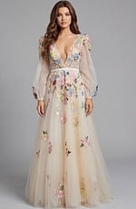 Floral embroidered illusion evening gown with deep V neckline and sheer sleeves