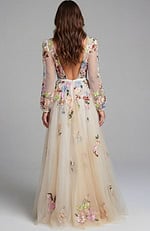 Open back floral embroidered long sleeve evening gown with flowing skirt