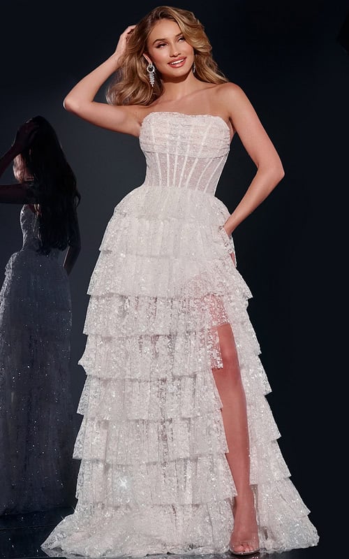 model wearing Jovani 40031 off-white gown, front view