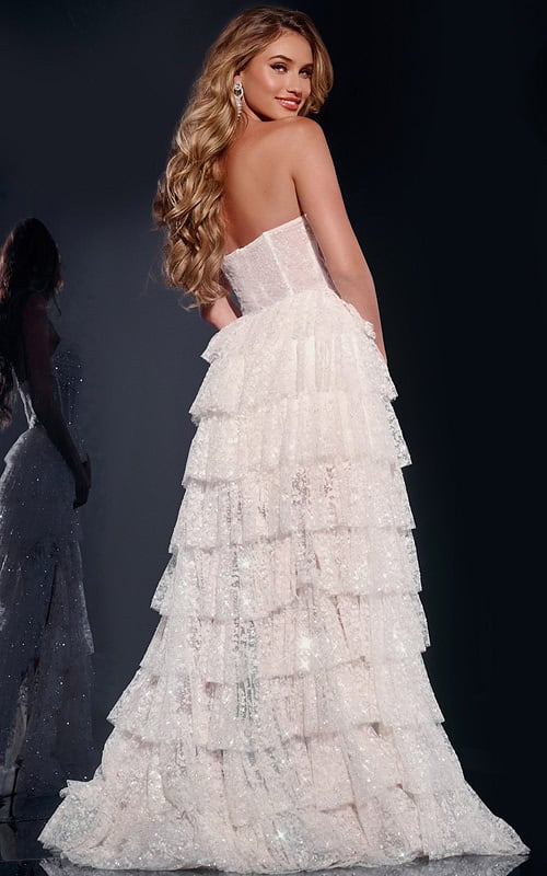 model wearing Jovani 40031 off-white gown, back view
