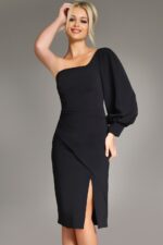 Elegant One-Shoulder Midi Dress with Dramatic Sleeve 40033