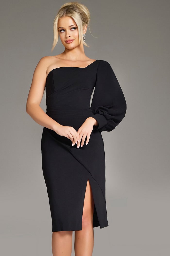 Model wearing Jovani 40033 black dress with an asymmetrical neckline and puff sleeve, full front view.