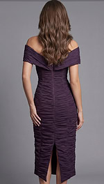 Back View Off Shoulder Ruched Midi Dress With Center Slit