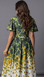 Back view of a long floral evening dress with flutter sleeves and a softly gathered waist