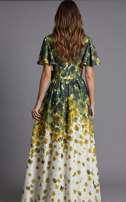 Rear view of a floor length gown with green and yellow floral print and flowing skirt