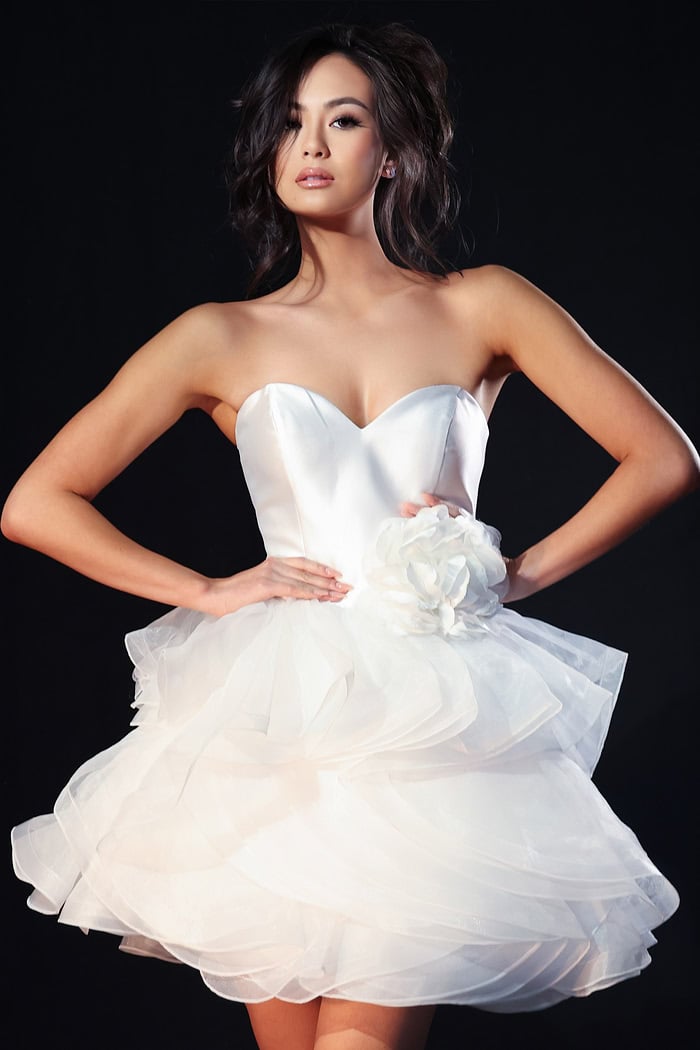 Strapless Satin Ruffle Dress With Floral Detail 40041 | Jovani Strapless Satin Ruffle Dress With Floral Detail 40041 | Jovani