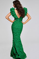 Back view of model wearing Jovani 40044 green dress with V-back design