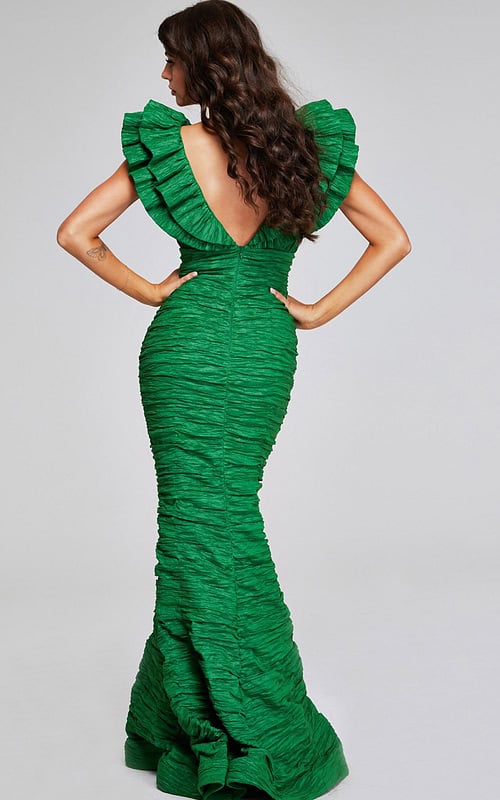 Back view of model wearing Jovani 40044 green dress with V-back design