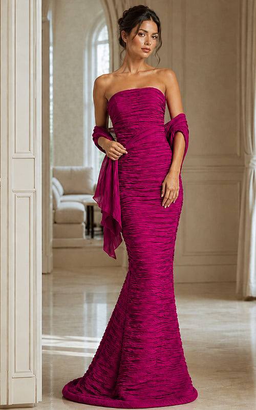 strapless ruched mermaid dress with shawl 40045