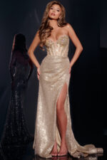 ■MOJO.S.PHINE(模造エスピン)A gold-decorated bustier dress Gold Embroidered Gown With Sheer Bodice And High Slit 37624