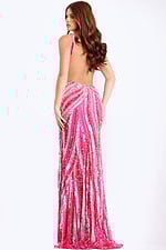 Fitted sequin pink prom gown with plunging neckline and open back