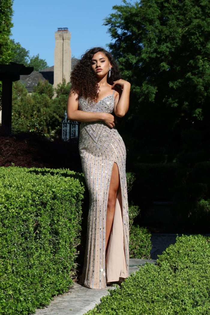 cutout sequin dress with sleek side slit