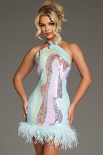 Model wearing Jovani 40089 blue sequined mini dress with playful feathered hem.