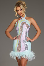 Model wearing Jovani 40089 blue sequined mini dress with halter neckline and feathered hem from the front.