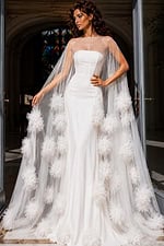 white strapless beaded bodice dress with sheer ovelay 40092