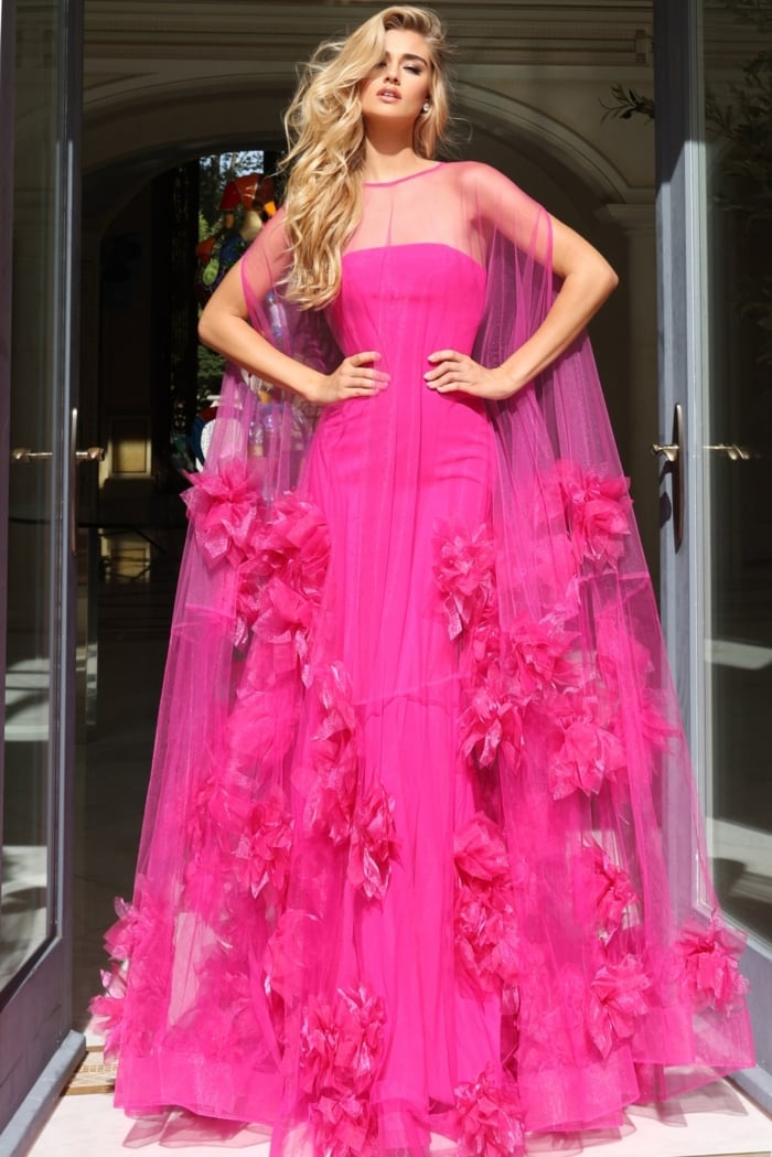 Yellow Tulle Strapless Gown with Floral Appliqués 40092