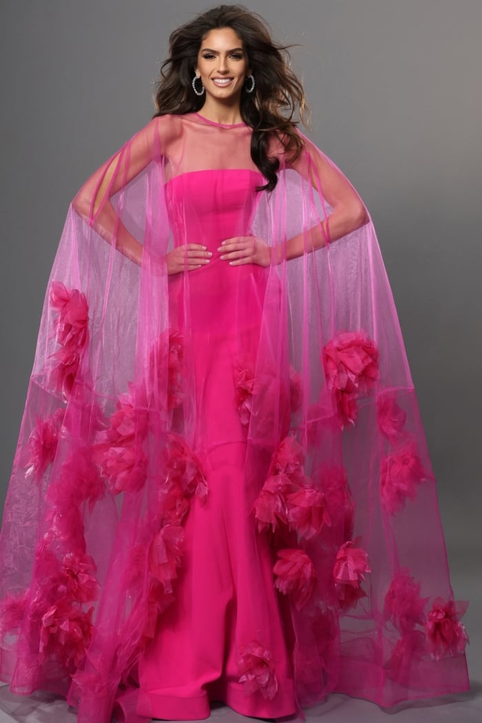 yellow tulle strapless gown with floral appliqués