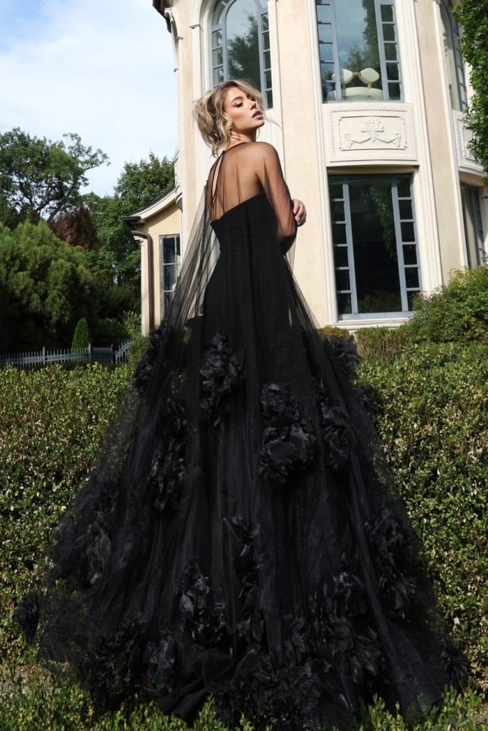 Yellow Tulle Strapless Gown with Floral Appliqués 40092