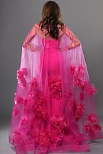 yellow tulle strapless gown with floral appliqués