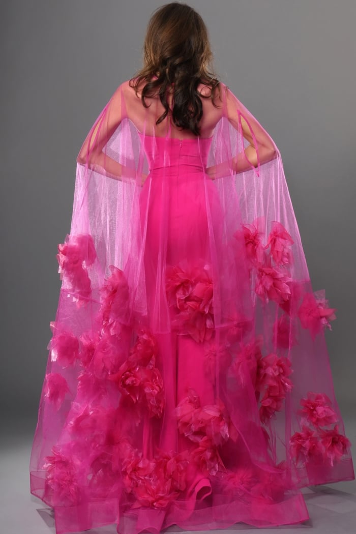 yellow tulle strapless gown with floral appliqués
