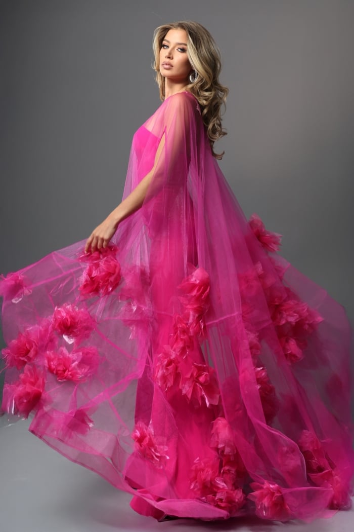 yellow tulle strapless gown with floral appliqués
