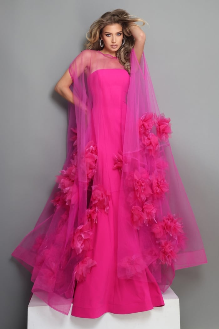 yellow tulle strapless gown with floral appliqués