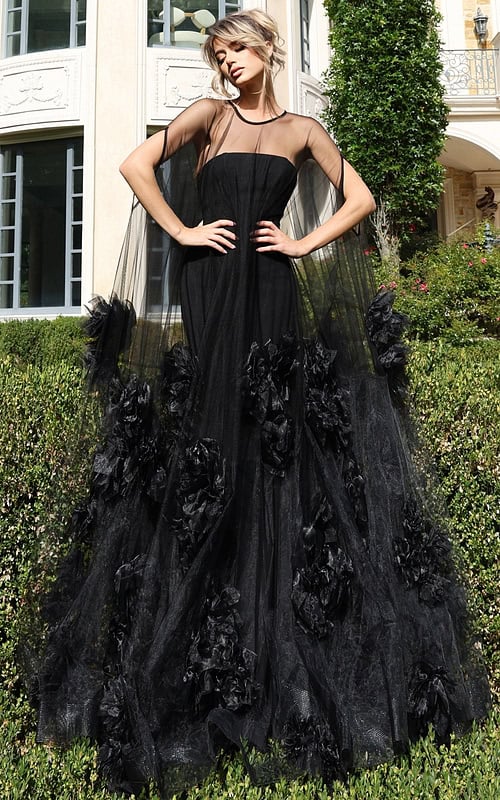 Sheer tulle gown with strapless bodice and floral appliqués