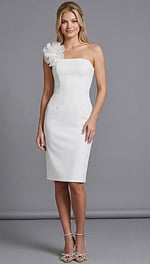 Studio front view of a structured one shoulder knee length formal dress