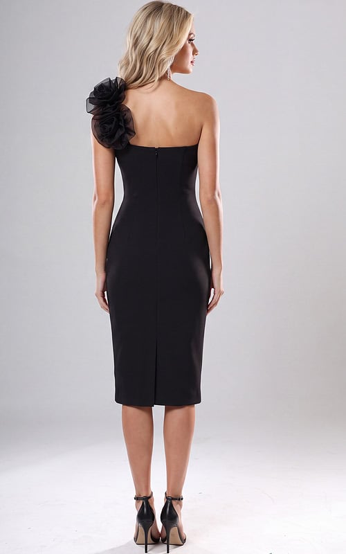 Black one shoulder midi dress with oversized floral appliqué detail and fitted silhouette