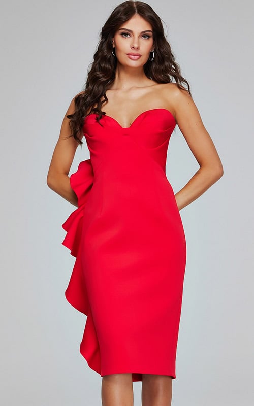 model wearing Jovani 40097 red dress with sweetheart neckline and ruffle detail