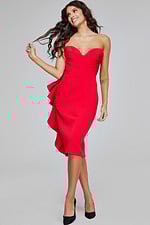 model wearing Jovani 40097 red dress, full-length view with ruffle detail