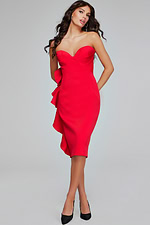 model wearing Jovani 40097 red dress with sweetheart neckline, showing full dress