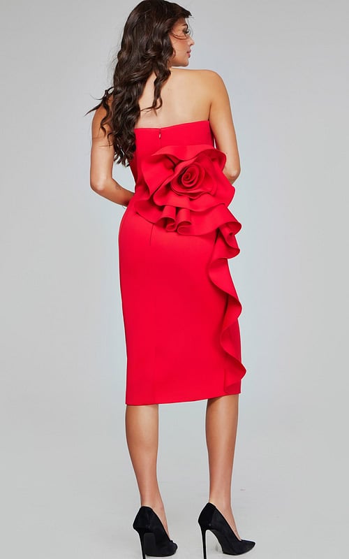 back view of Jovani 40097 red dress with rosette embellishment
