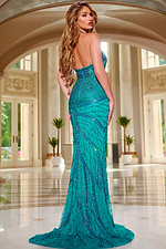back view of model wearing Jovani 40108 blue gown with beadwork