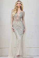 Model in full-length Jovani 40110 gown with intricate design.