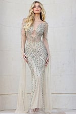 Model wearing Jovani 40110 nude embellished gown from the front.
