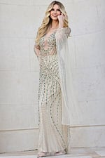 Model showcasing Jovani 40110 gown with intricate beadwork.