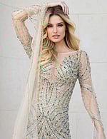 Close-up of Jovani 40110 gown highlighting bead embellishments.