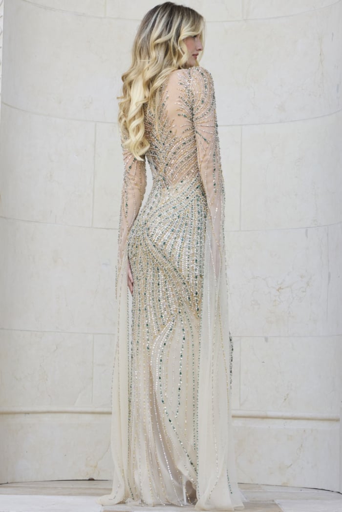 Back view of Jovani 40110 gown with detailed embellishments.