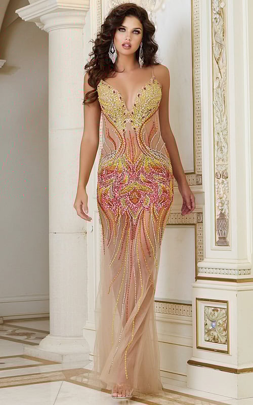 Model wearing Jovani 40116 colorful dress with intricate beadwork, front view.