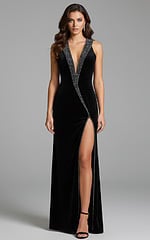black deep v neckline embellished velvet dress 40119